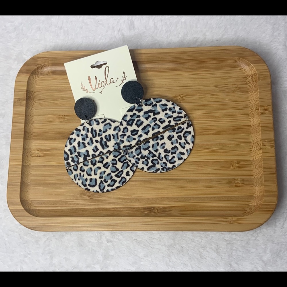 Gray Leopard Split Disk Wood Earrings
